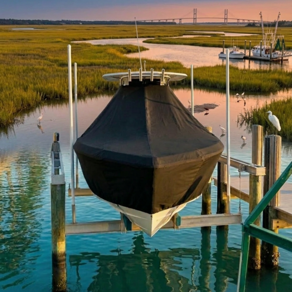 Boat covered with a dark tarp on a lift at a calm marsh inlet near sunset, with grassy flats and a distant bridge on the horizon.