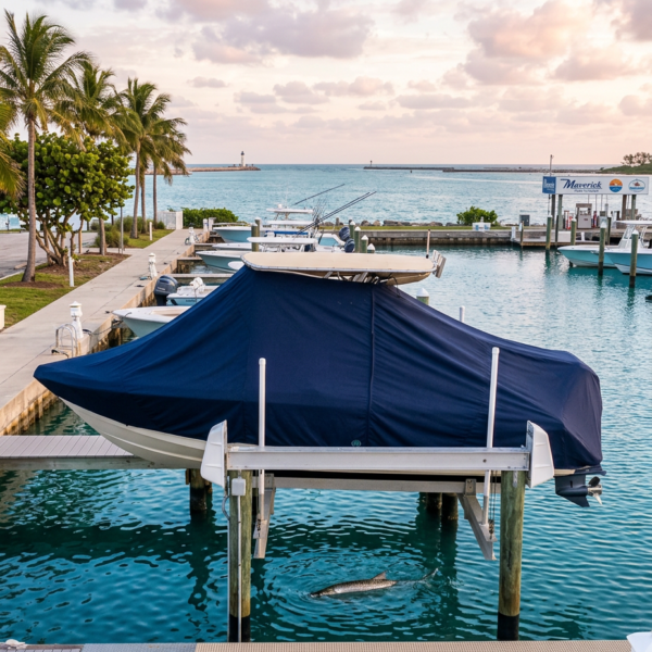 Covered boat on a lift at a marina, turquoise water and palm trees in the background at sunset