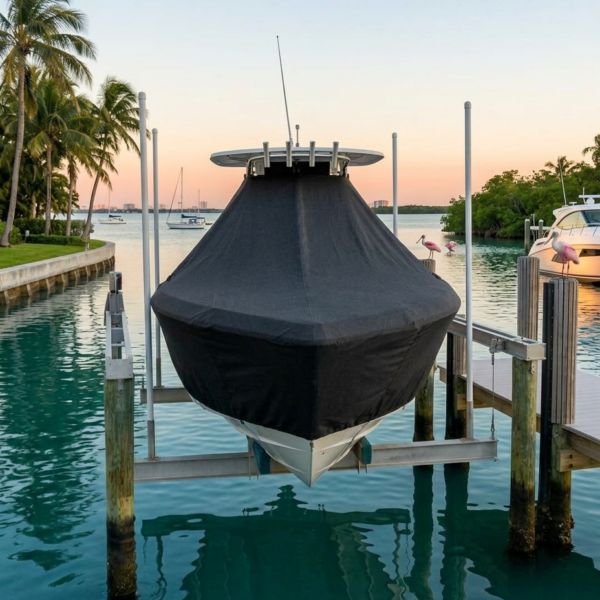 Boat covered with a black tarp on a docked lift in a calm marina at sunset, with palm trees and other boats in the background.