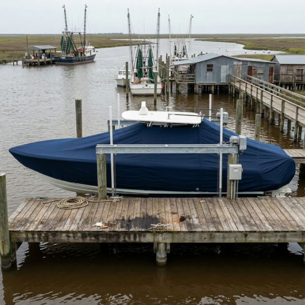 Blue boat covered with a dark blue tarp docked at a wooden pier, with other boats and marshland in the background.