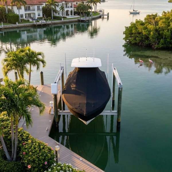 Docked covered boat at a private marina with palm trees, boardwalk, and upscale waterfront homes nearby.