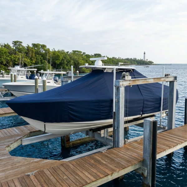 Covered motorboat on a lift along a wooden marina dock with water and trees in the background; a lighthouse visible on the horizon.