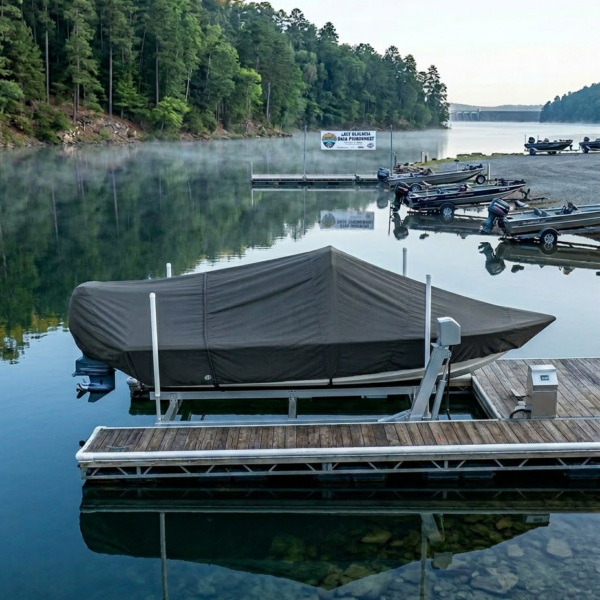 Covered boat on a wooden dock at a calm lake, reflections of trees visible in the water behind it.