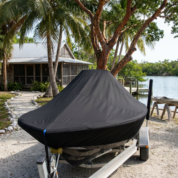 Boat on a trailer covered with a black protective cover, parked on a gravel driveway beside a lake under palm trees and a wooden house nearby.