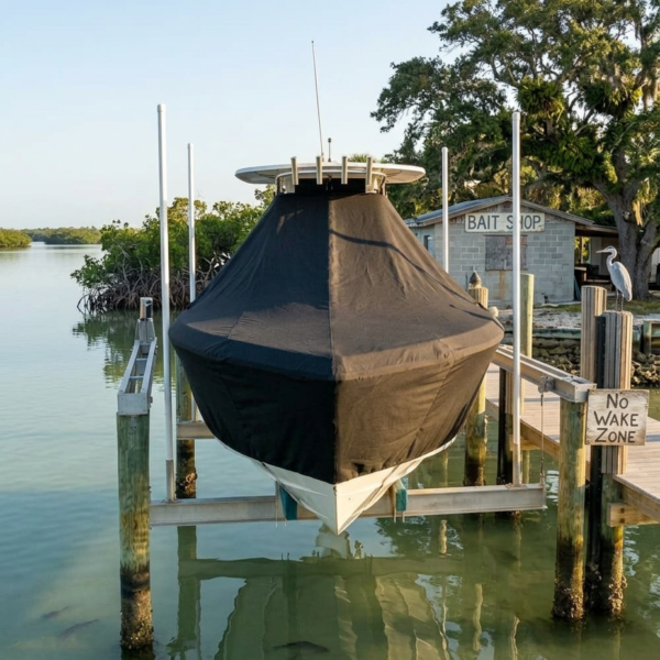 Boat on a lift at a dock, covered with a black tarp, reflections in calm water near a bait shop.