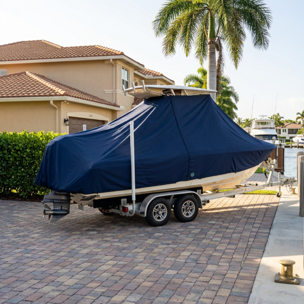 Boat on a trailer parked in a driveway, covered with a navy blue tarp, next to a palm tree and a beige house with a tile roof.