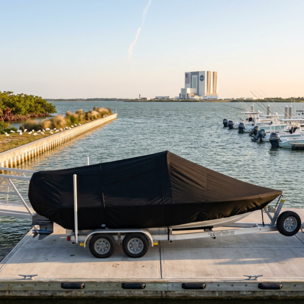 A large boat covered with a black tarp sits on a dual-axle trailer on a concrete marina dock beside calm water.