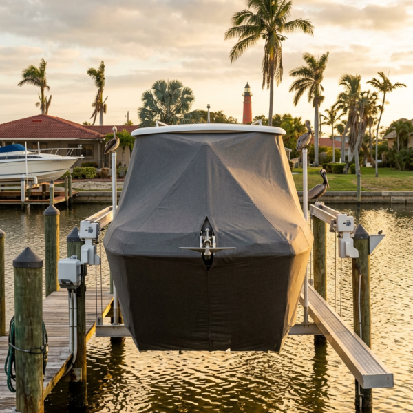 Boat covered in a gray tarp on a docked boat lift in a canal, with palm trees and a lighthouse in the sunset backdrop.