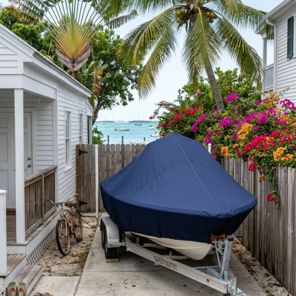 Boat on a trailer in a driveway, covered with a navy cover, beside a white house with tropical plants and a wooden fence; harbor boats visible beyond the fence.