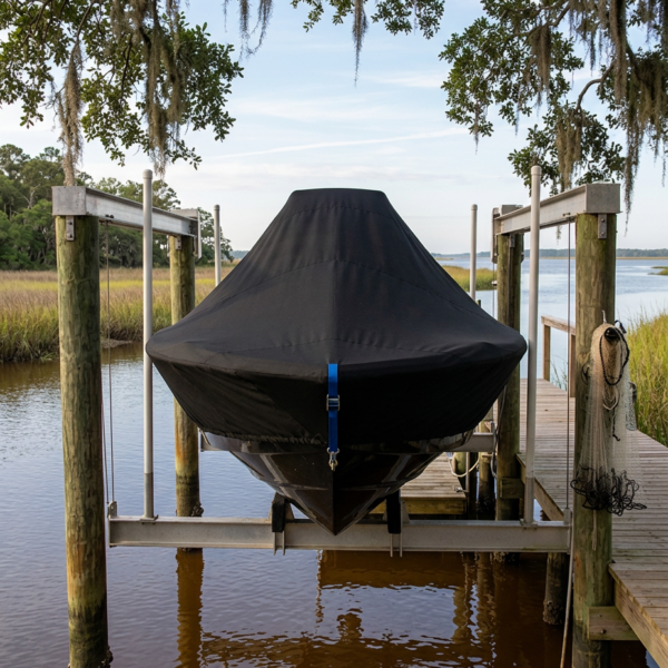 Boat covered and secured on a lift at a wooden dock over calm water, with Spanish moss-draped branches overhead.