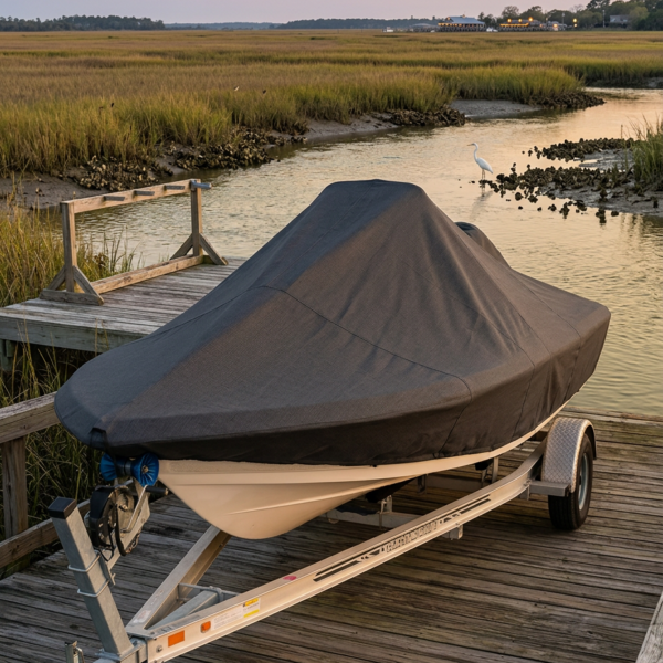 Boat covered with a gray tarp on a trailer docked at a marshy inlet at sunset, with a white heron nearby.