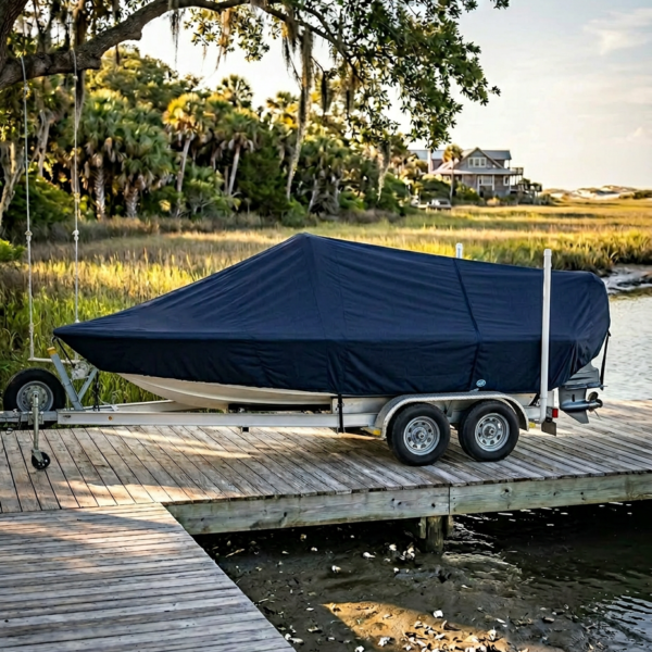Boat on a dual-axle trailer covered with a dark blue tarp parked on a wooden dock by the water, with trees and a house in the background.