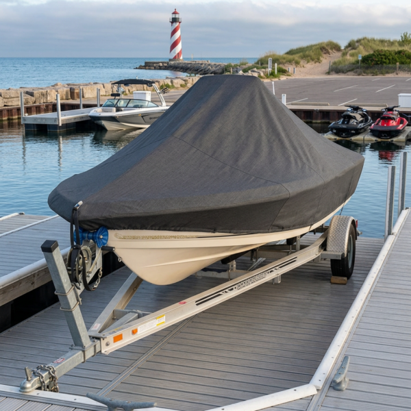 Boat on a trailer at a marina, covered with a dark tarp, dock and water in the background with a striped lighthouse on a breakwater