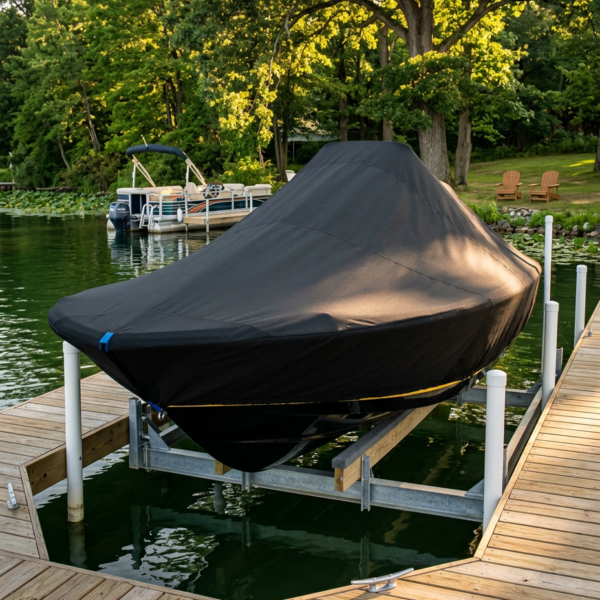 Covered motorboat on a boat lift at a wooden lakeside dock, with trees and a pontoon boat in the background.