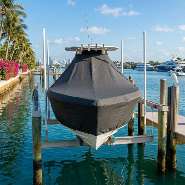 Covered motorboat on a dock in a sunny marina, with palm trees and other boats in the background, under a blue sky.