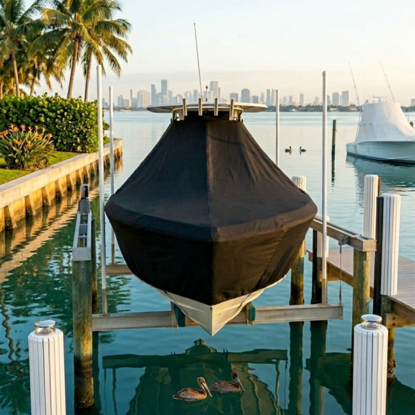 Covered boat on a lift at a marina, with palm trees and a distant city skyline; two swans swim nearby in calm turquoise water.