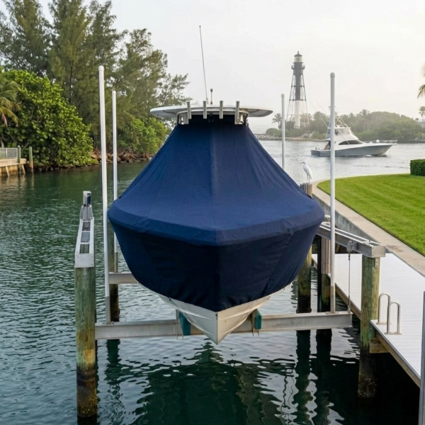 Blue-covered boat on a lift at a dock, with water, trees, and a distant lighthouse in view.