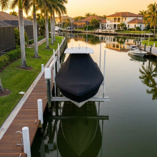 A covered boat docked at a canal slip during sunset, with palm trees and upscale houses along the waterway.