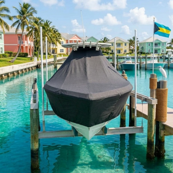 Covered boat moored at a marina with turquoise water, pastel houses, and palm trees in the background under a bright blue sky (Bahamas scene).