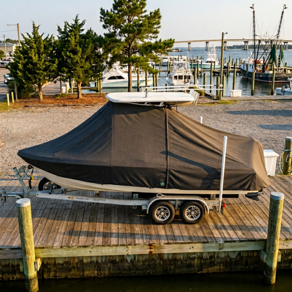 A boat on a dual-axle trailer, covered with a dark canvas, parked on a marina dock by calm water and pilings with other boats in the background.