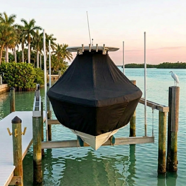 Boat covered with a black tarp on a boat lift in a calm marina with palm trees nearby at sunset.