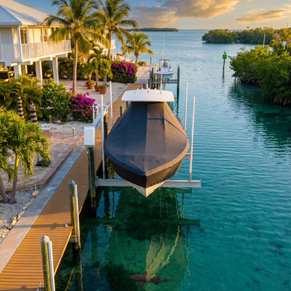 Dockside marina with a large covered boat on a lift, turquoise water, palm trees, and a white house nearby at sunset.