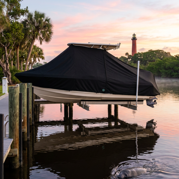 Covered boat on a lift at a wooden dock by a calm river at sunset, lighthouse in the distance.