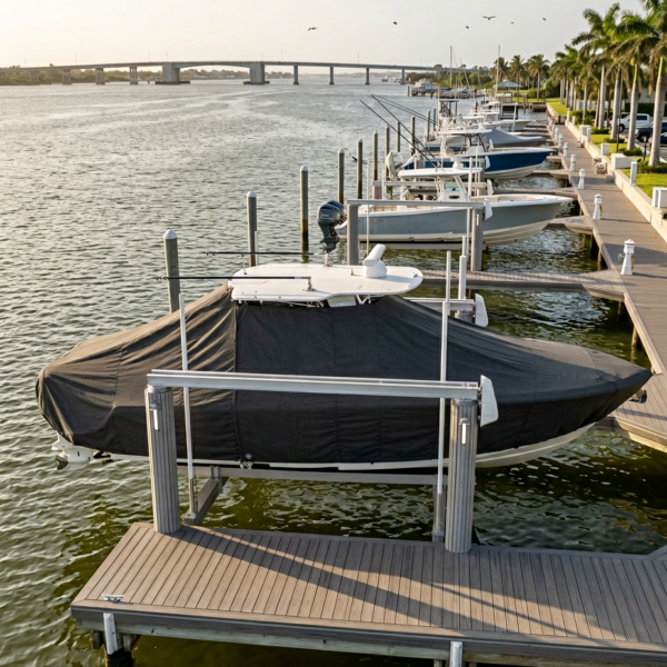 Boats moored at a wooden marina dock along a calm waterway, palm-lined walkway on the right.