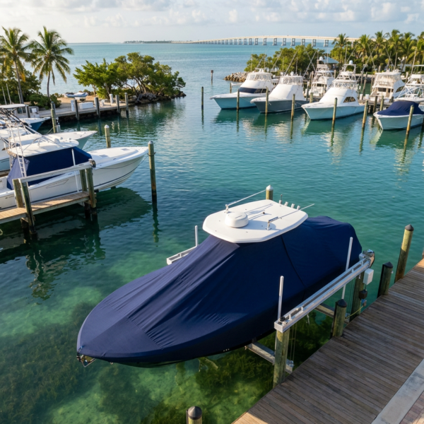 Covered boat docked at a marina with turquoise water and palm trees in the background, a distant bridge visible on the horizon.