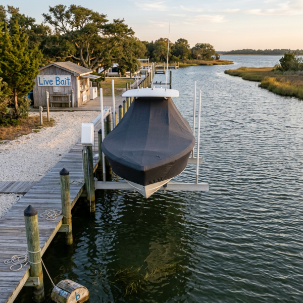 Boat on a lift at a wooden dock next to a small shack that reads 'Live Bait', with water and trees in a calm inlet on a sunny day.