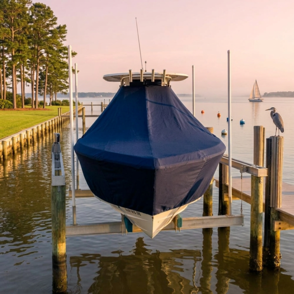 Blue-covered boat on a lift at a calm marina, with a heron perched on a nearby piling and a distant sailboat at sunset.