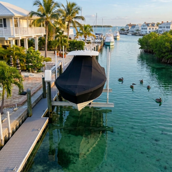 Covered boat on a lift over clear turquoise marina water with palm trees and white houses in the background.