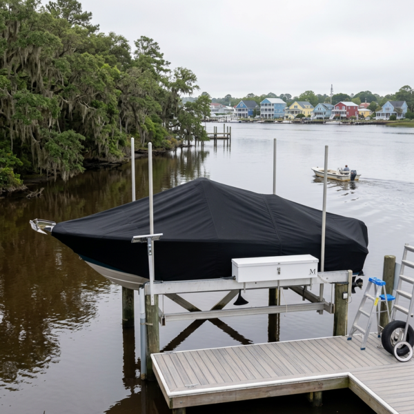 Boat on a covered lift at a wooden dock overlooking a calm waterway with colorful houses in the background