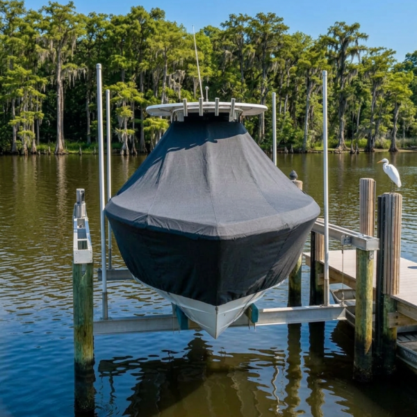 Covered boat on a trailer lift at a wooden dock by calm water with trees in the background and a white egret standing on a post to the right.