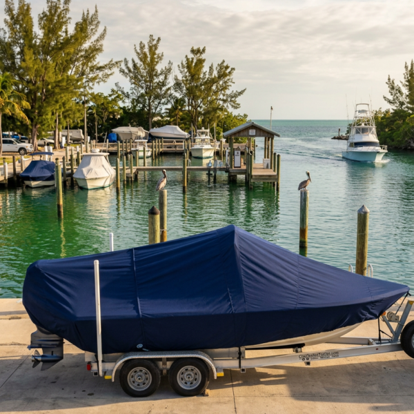 A navy-covered boat on a trailer parked at a marina by calm turquoise water.