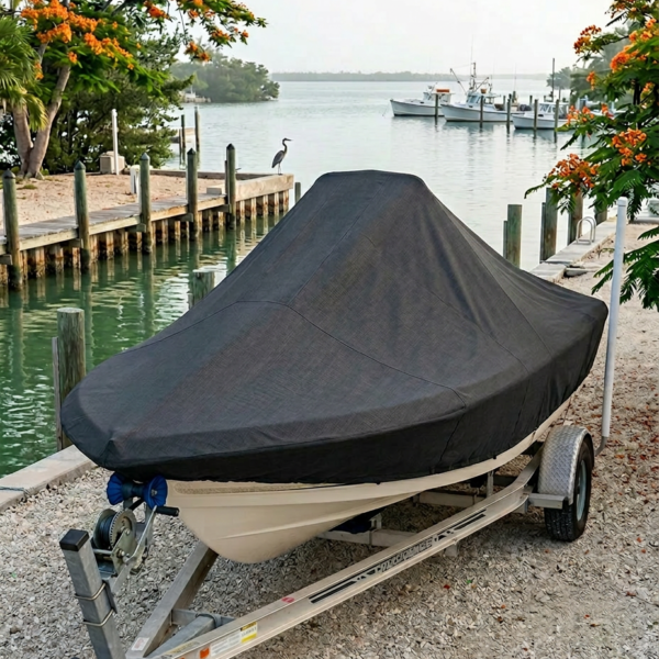 Boat on a trailer at a rocky shore, covered with a black boat cover, near orange flowering trees by calm water.