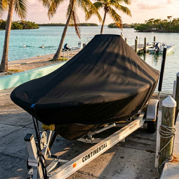 Boat trailer with a black-covered boat by the water, palm trees and calm turquoise bay in the background, at a dock site.