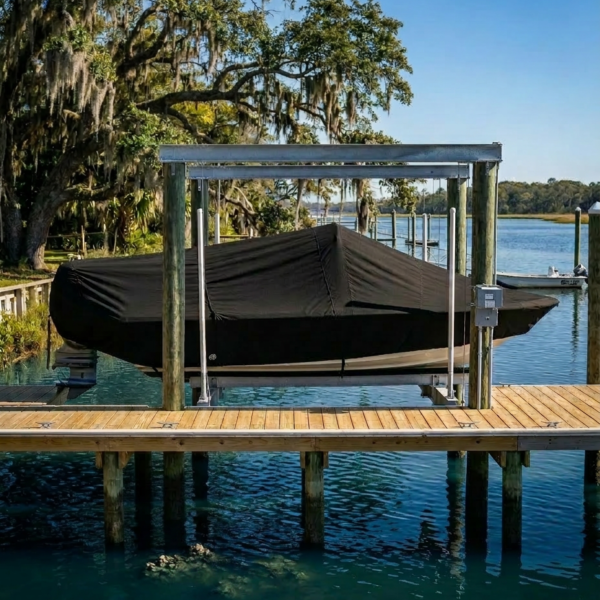 Boat covered with a black tarp resting on a lift at a wooden dock by calm blue water, with moss-draped trees in the background.