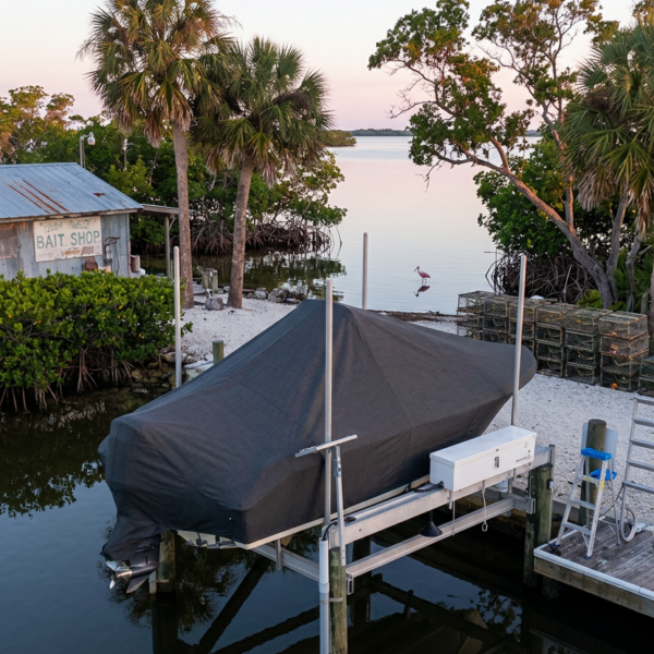 Boat on a lift at a small marina, covered with a dark tarp, with palm trees and water in the background at sunset.