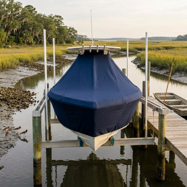 Blue-covered boat on a lift at a marshy dock, reflected in calm water nearby.