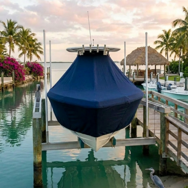 Blue-covered boat on a lift at a wooden dock, calm turquoise water, palm trees, and a pastel sunset.