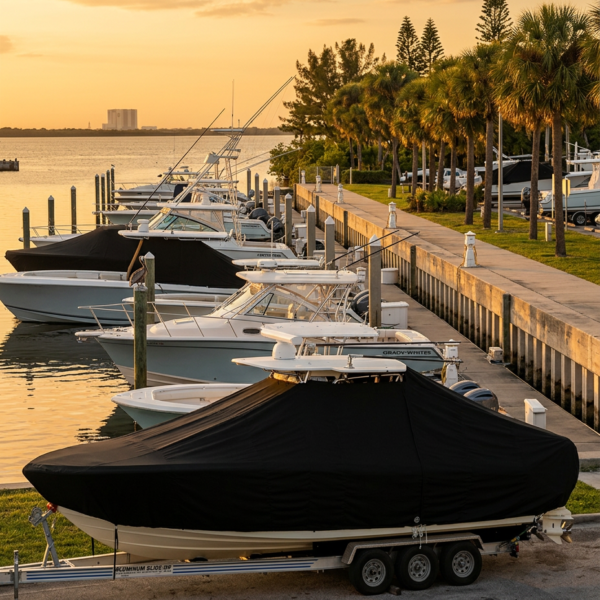 Boats docked along a calm marina at sunset, with a large covered boat on a trailer in the foreground and palm trees lining the pier.