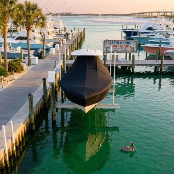 Palm trees line a marina with boats on docks and a large black boat on a lift by the sign reading 'Destin Harbor Bait Shop' near calm green water. A pelican floats nearby.