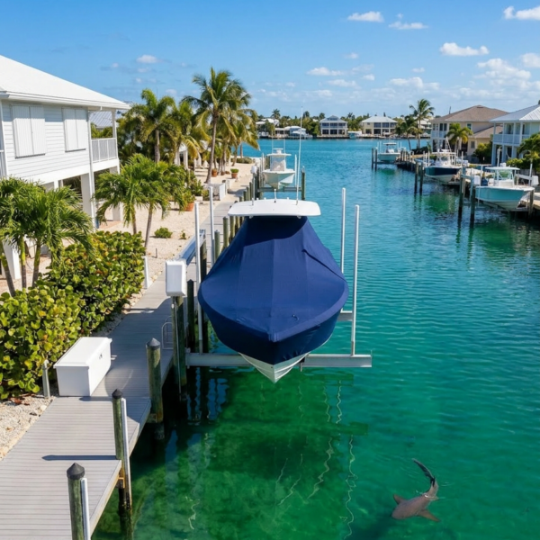 Boat on a lift at a canal-side dock with turquoise water, white houses, and palm trees under a sunny blue sky