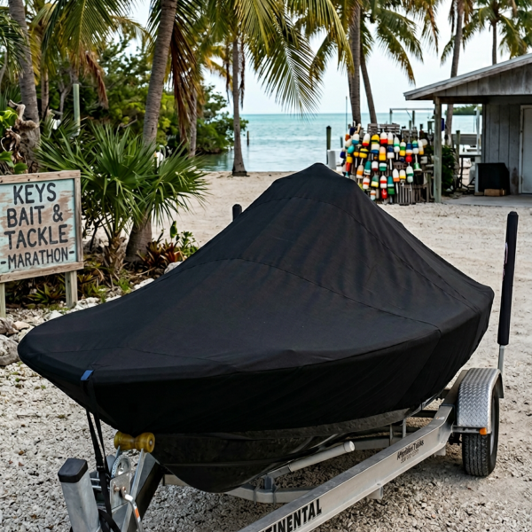 Boat on a trailer covered with black cover on a sandy beach, with palm trees and a sign reading 'Keys Bait & Tackle Marathon' nearby