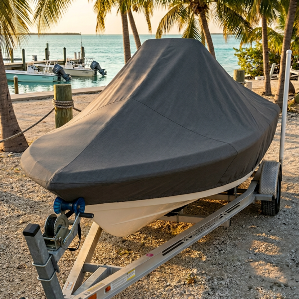 Boat on a trailer at a sandy, palm-tree-covered shoreline, hull under a gray boat cover with a mounted motor visible at the bow.
