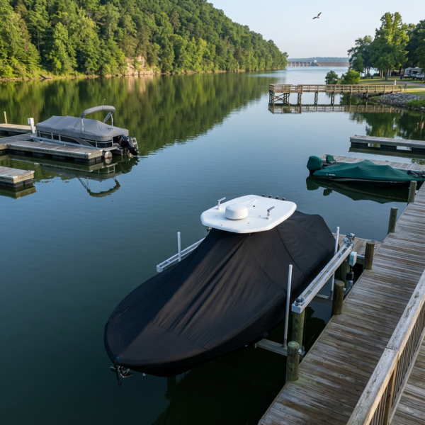 Covered boat on a lift at a calm marina with wooden docks and green treeline in the background