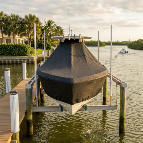 Boat lifted on a dock by a marina, covered with a black protective cover, water beneath and a distant boat on the canal.