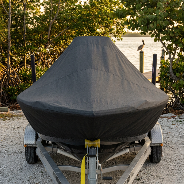 A covered boat on a trailer hitched to a vehicle, secured with a yellow strap beside a gravel shore and green trees near a calm body of water.