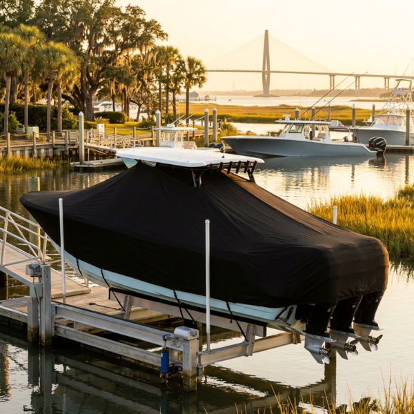 Covered speedboat on a lift at a marina during sunset, with palm trees and a distant bridge in warm light.